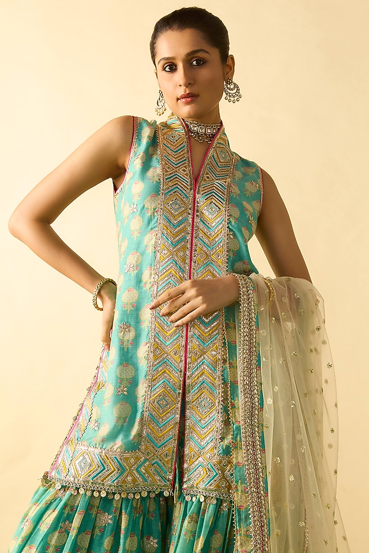 Aqua Cotton Silk Gota-Patti Embroidered Wedding Sharara Set by GOPI VAID at Pernia's Pop Up Shop