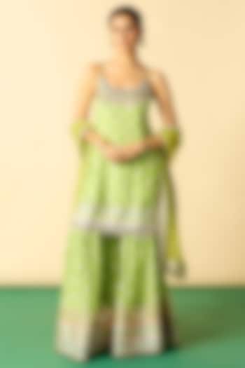 Lime Green Cotton Silk Embroidered Wedding Sharara Set by GOPI VAID at Pernia's Pop Up Shop