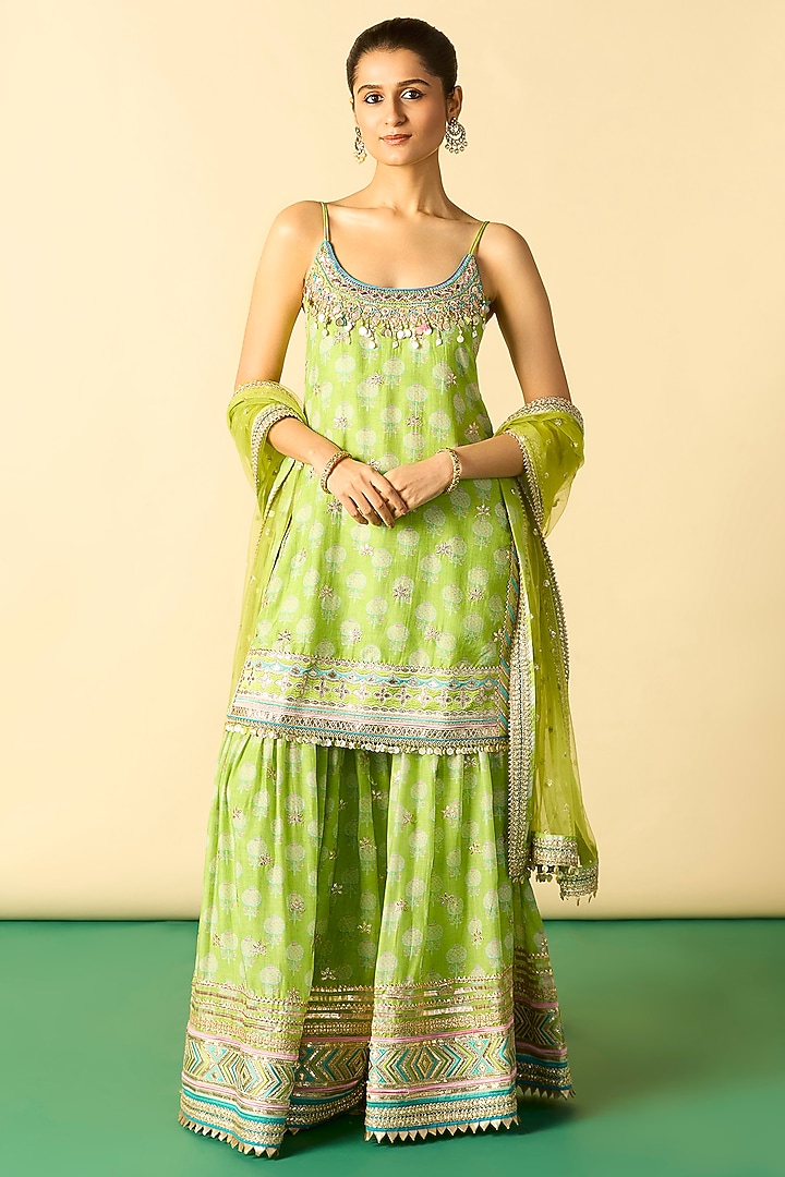 Lime Green Cotton Silk Embroidered Wedding Sharara Set by GOPI VAID at Pernia's Pop Up Shop