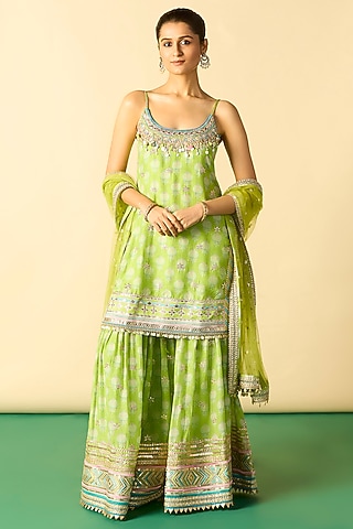 Lime Green Cotton Silk Embroidered Sharara Set by GOPI VAID