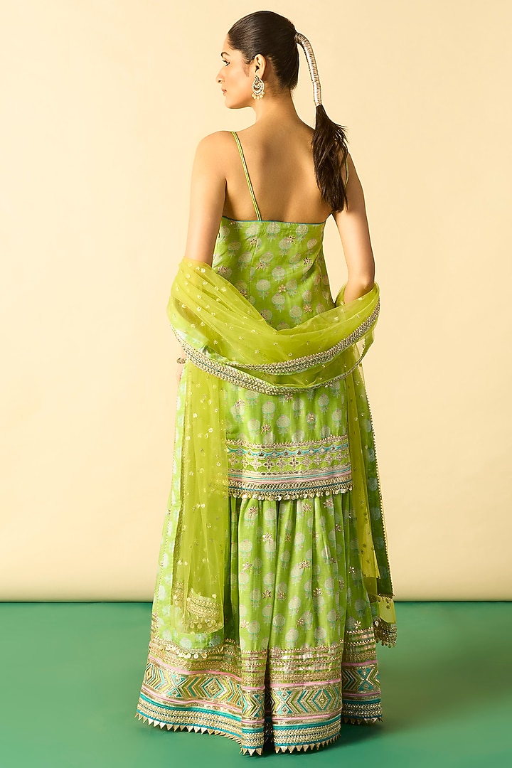 Lime Green Cotton Silk Embroidered Wedding Sharara Set by GOPI VAID at Pernia's Pop Up Shop