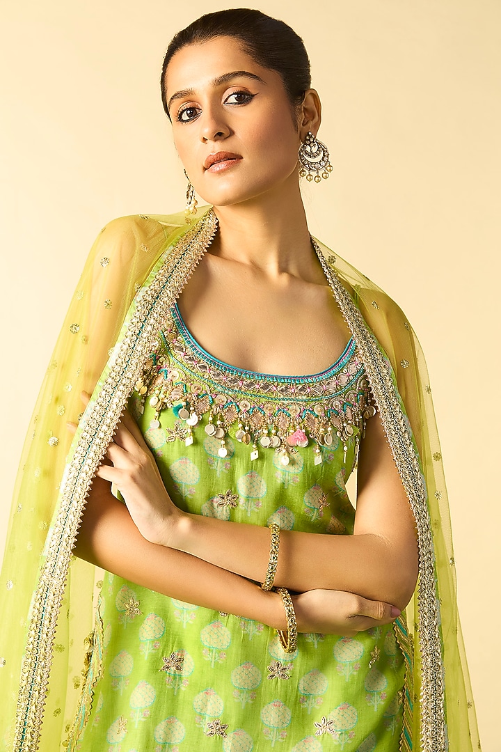 Lime Green Cotton Silk Embroidered Wedding Sharara Set by GOPI VAID at Pernia's Pop Up Shop
