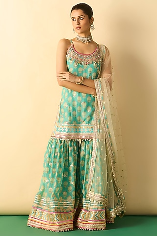 Aqua Cotton Silk Embroidered Sharara Set by GOPI VAID