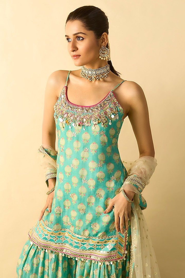 Aqua Cotton Silk Embroidered Wedding Sharara Set by GOPI VAID at Pernia's Pop Up Shop
