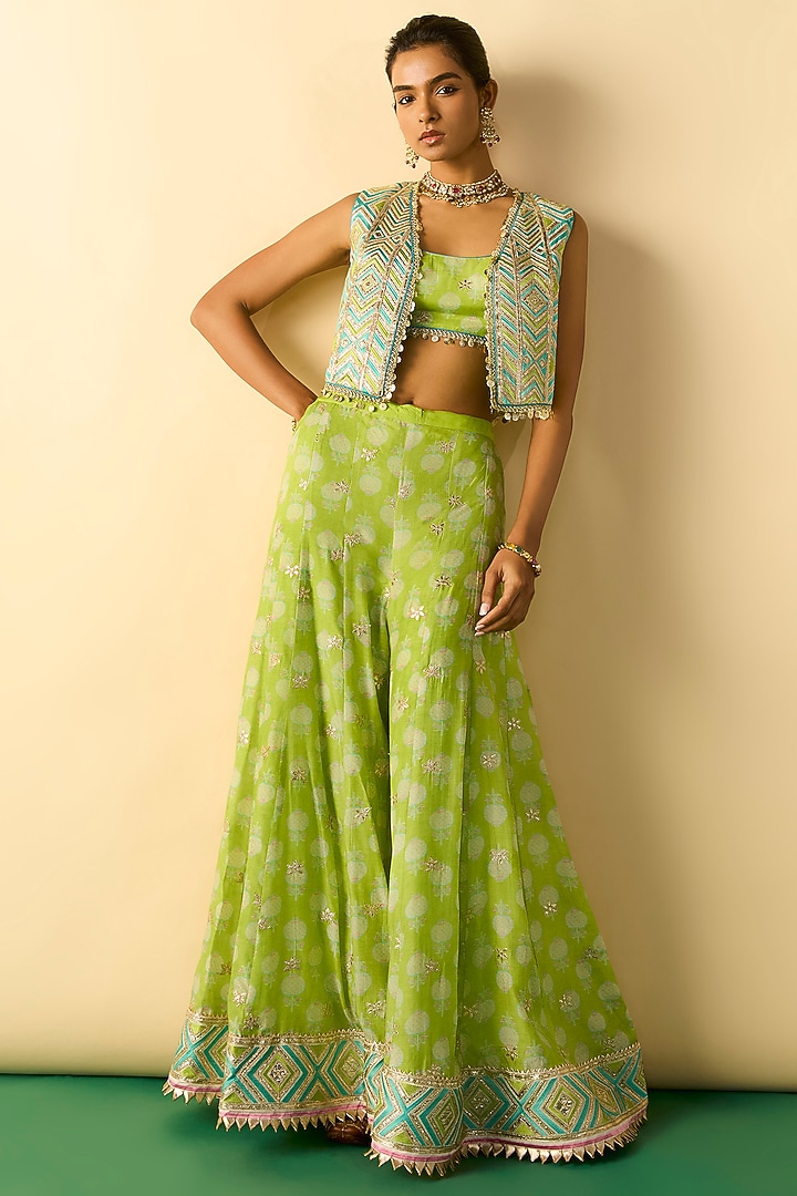 Lime Green Cotton Silk Foil Printed Palazzo Set by GOPI VAID at Pernia's Pop Up Shop