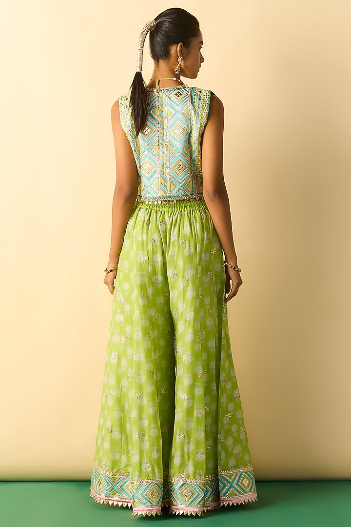 Lime Green Cotton Silk Foil Printed Palazzo Set by GOPI VAID at Pernia's Pop Up Shop