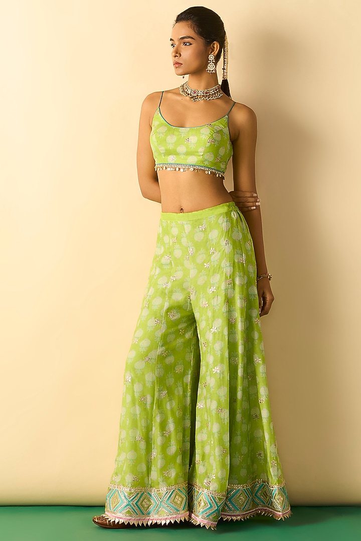 Lime Green Cotton Silk Foil Printed Palazzo Set by GOPI VAID at Pernia's Pop Up Shop