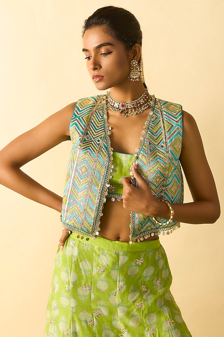 Lime Green Cotton Silk Foil Printed Palazzo Set by GOPI VAID at Pernia's Pop Up Shop