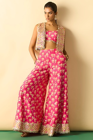 Pink Cotton Silk Foil Printed Palazzo Set by GOPI VAID