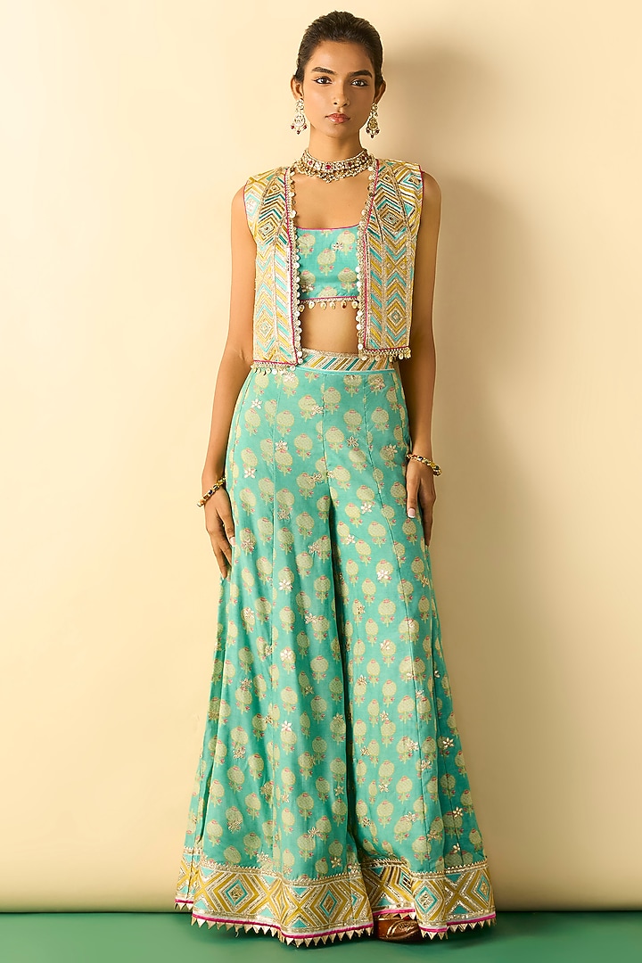 Aqua Cotton Silk Foil Printed Palazzo Set by GOPI VAID at Pernia's Pop Up Shop
