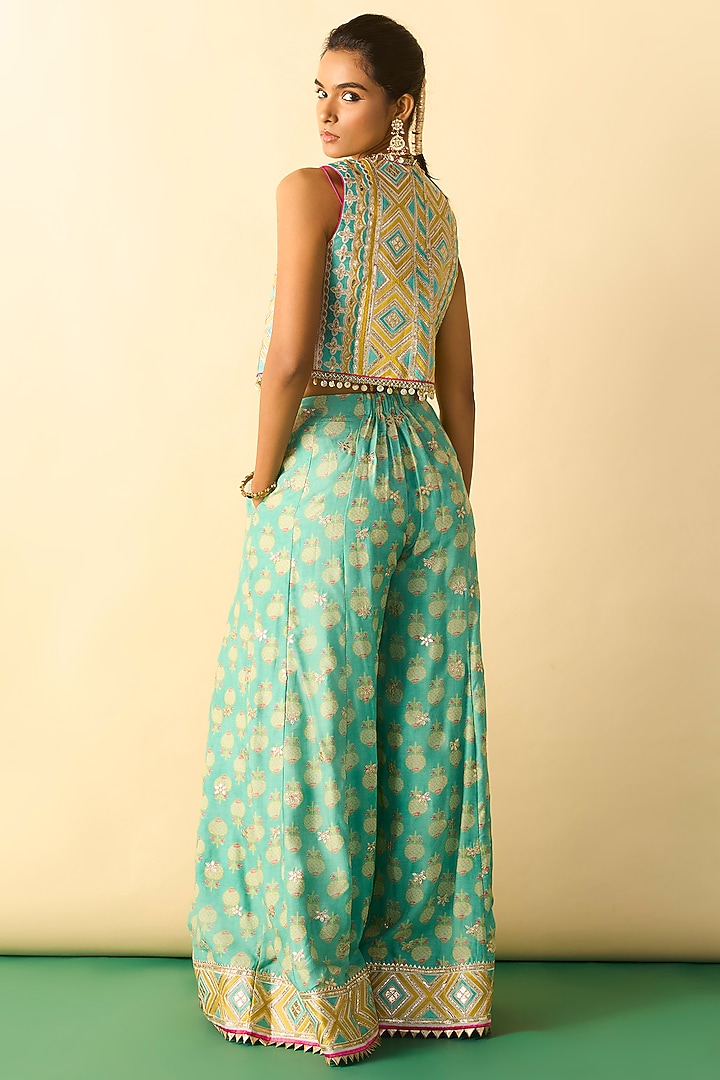 Aqua Cotton Silk Foil Printed Palazzo Set by GOPI VAID at Pernia's Pop Up Shop