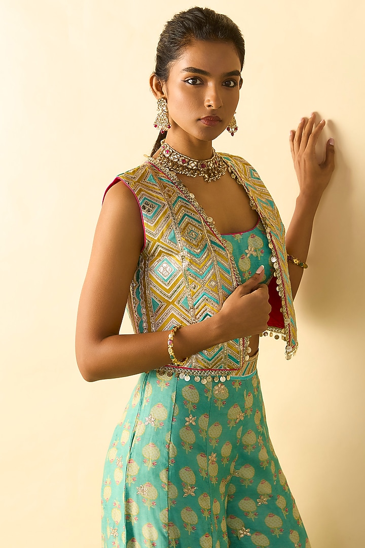Aqua Cotton Silk Foil Printed Palazzo Set by GOPI VAID at Pernia's Pop Up Shop