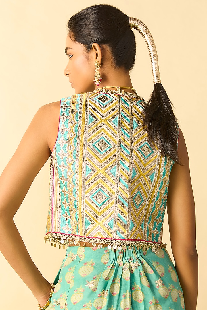 Aqua Cotton Silk Foil Printed Palazzo Set by GOPI VAID at Pernia's Pop Up Shop