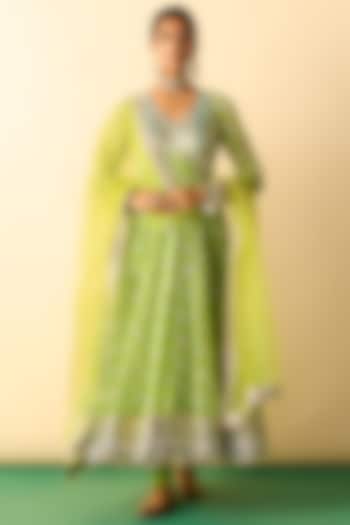 Lime Green Cotton Silk Embroidered Wedding Anarkali Set by GOPI VAID at Pernia's Pop Up Shop