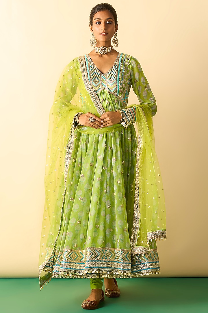 Lime Green Cotton Silk Embroidered Wedding Anarkali Set by GOPI VAID at Pernia's Pop Up Shop