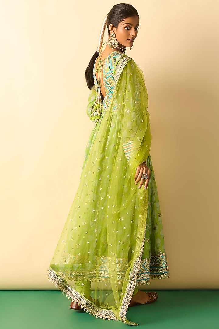 Lime Green Cotton Silk Embroidered Wedding Anarkali Set by GOPI VAID at Pernia's Pop Up Shop
