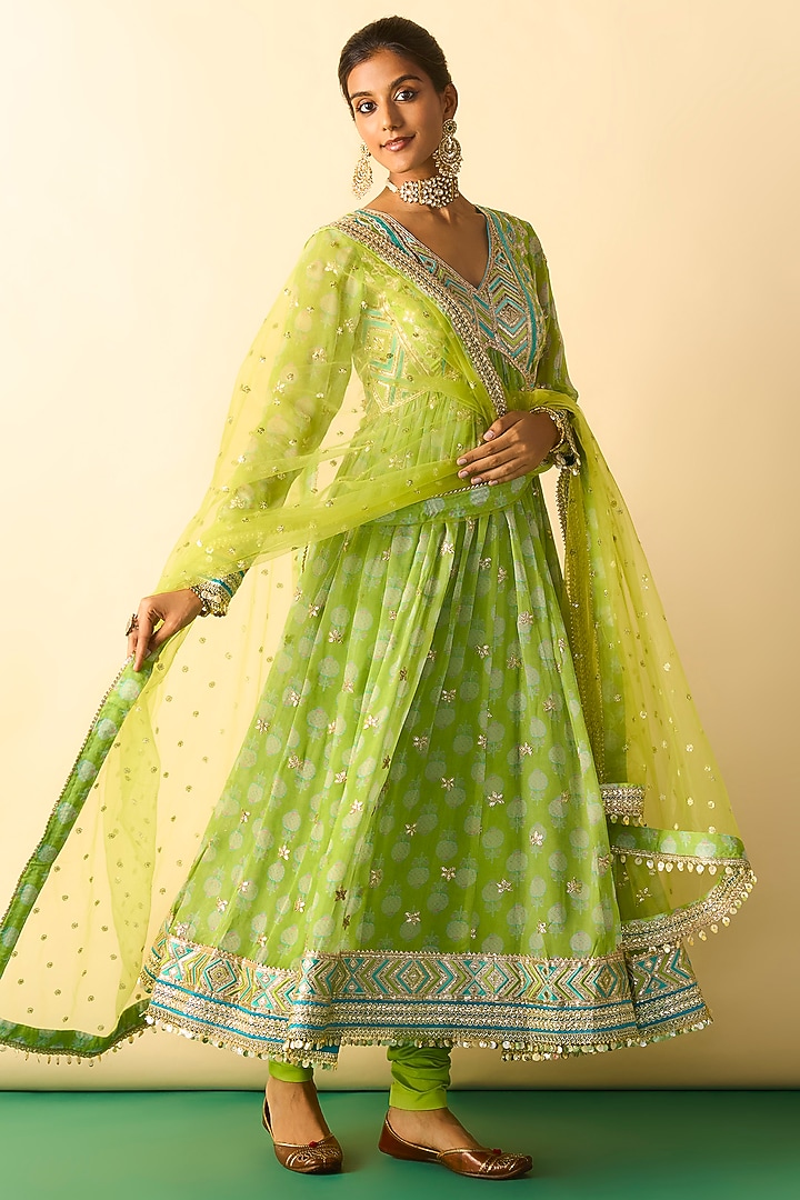 Lime Green Cotton Silk Embroidered Wedding Anarkali Set by GOPI VAID at Pernia's Pop Up Shop