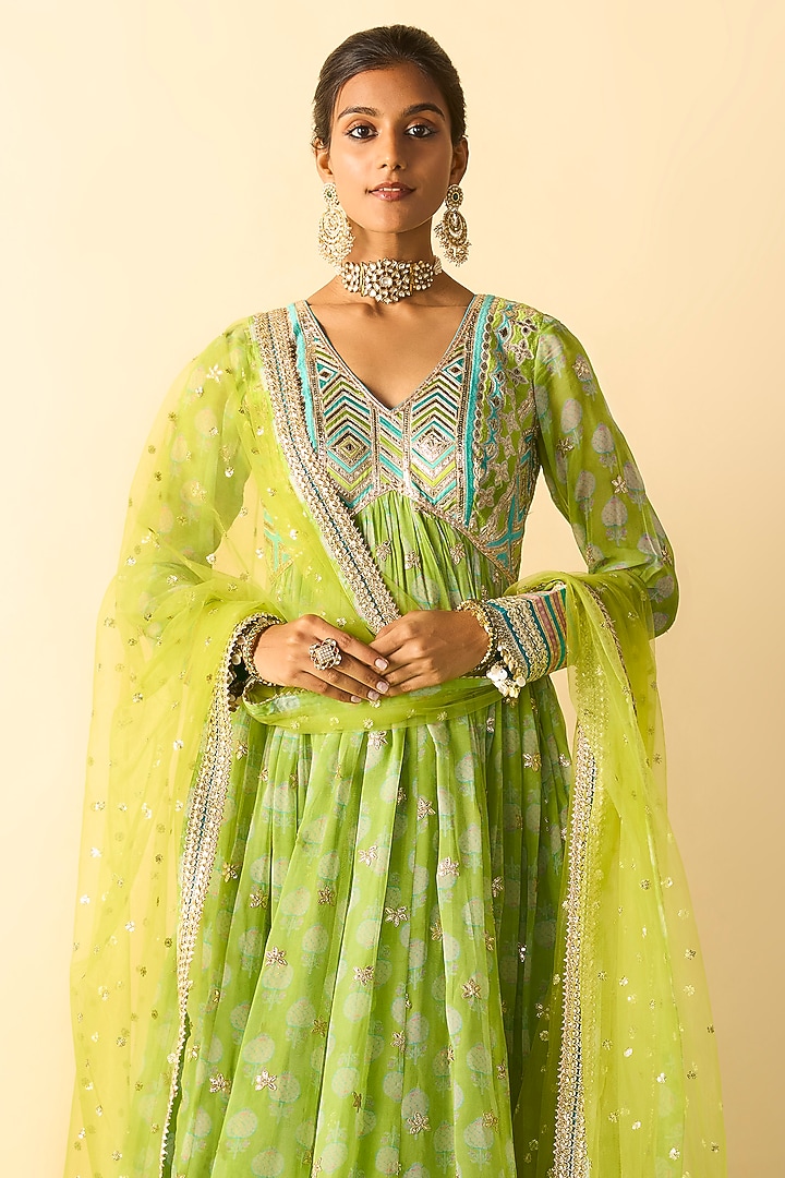 Lime Green Cotton Silk Embroidered Wedding Anarkali Set by GOPI VAID at Pernia's Pop Up Shop