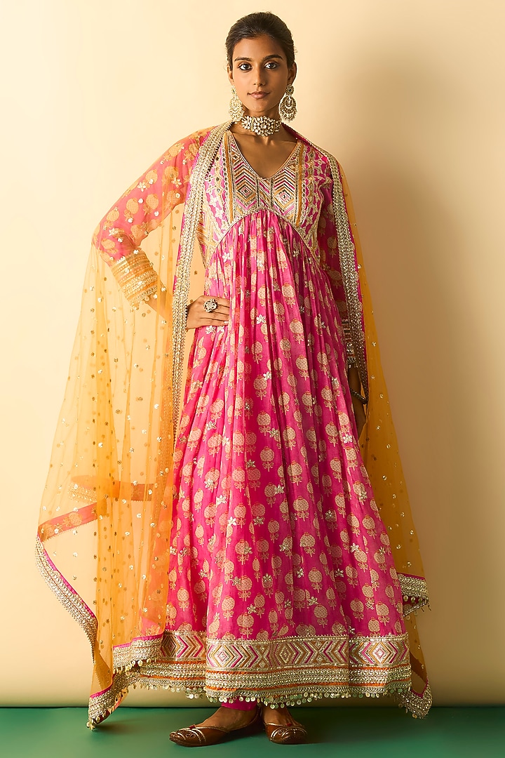 Pink Cotton Silk Embroidered Wedding Anarkali Set by GOPI VAID at Pernia's Pop Up Shop