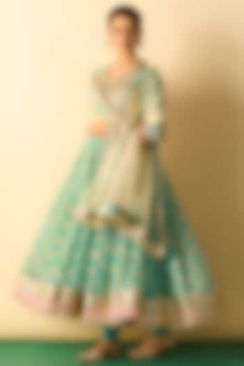 Aqua Cotton Silk Embroidered Wedding Anarkali Set by GOPI VAID at Pernia's Pop Up Shop