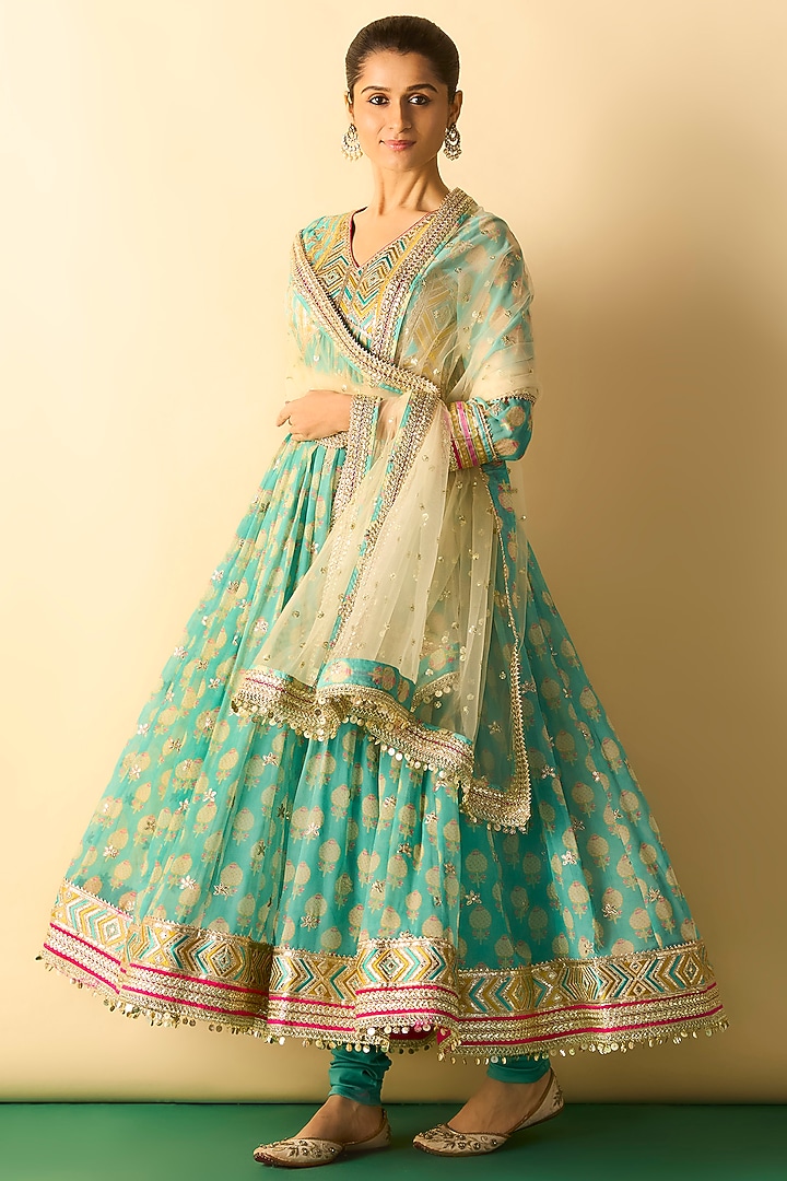 Aqua Cotton Silk Embroidered Wedding Anarkali Set by GOPI VAID at Pernia's Pop Up Shop