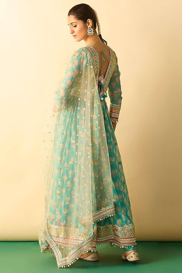 Aqua Cotton Silk Embroidered Wedding Anarkali Set by GOPI VAID at Pernia's Pop Up Shop