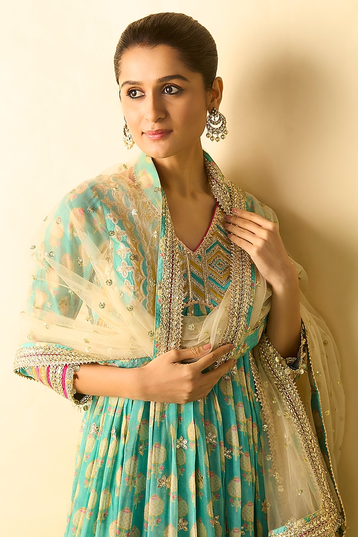 Aqua Cotton Silk Embroidered Wedding Anarkali Set by GOPI VAID at Pernia's Pop Up Shop