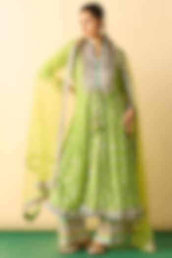 Lime Green Cotton Silk Embroidered Wedding Anarkali Set by GOPI VAID at Pernia's Pop Up Shop
