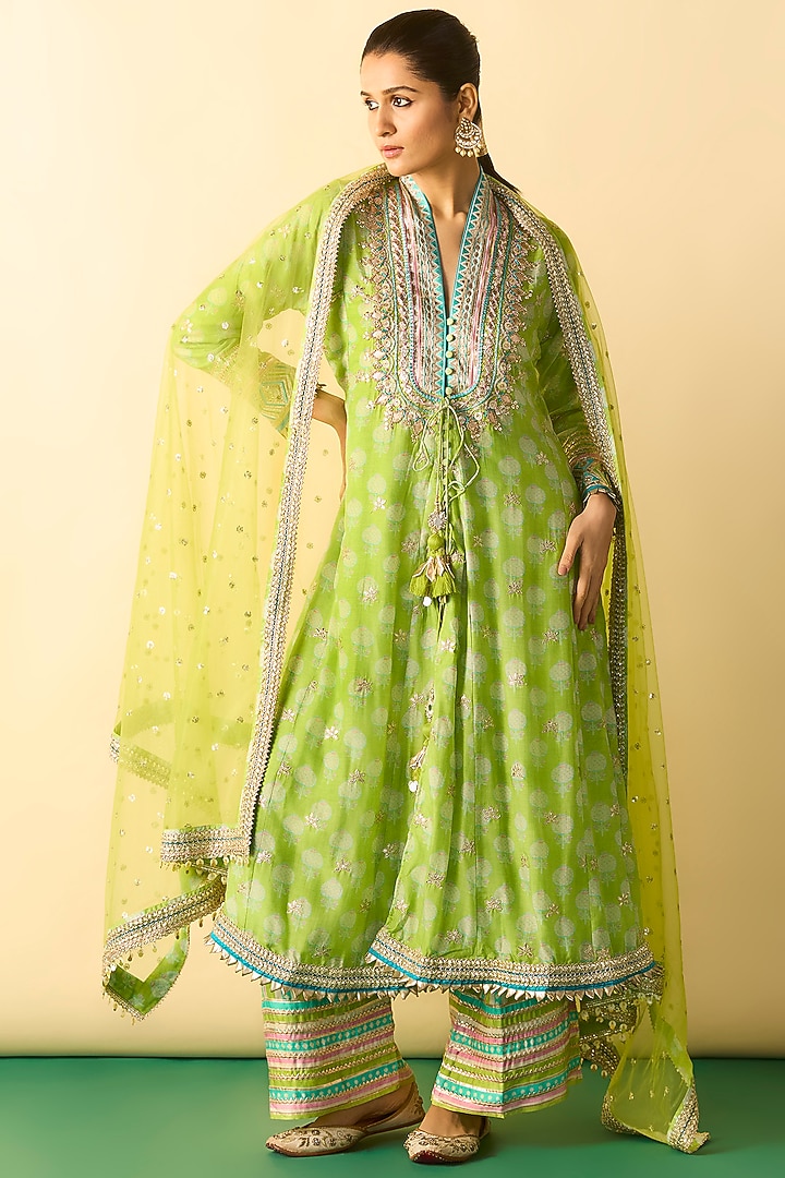 Lime Green Cotton Silk Embroidered Wedding Anarkali Set by GOPI VAID at Pernia's Pop Up Shop