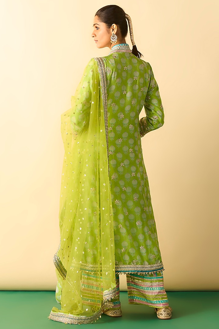 Lime Green Cotton Silk Embroidered Wedding Anarkali Set by GOPI VAID at Pernia's Pop Up Shop