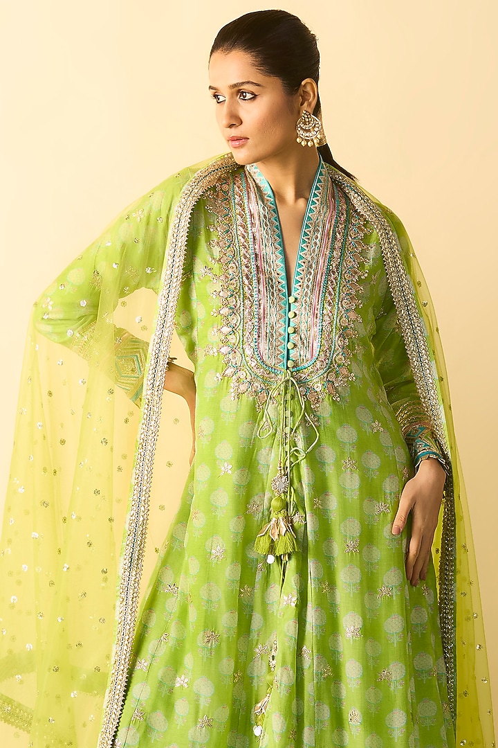 Lime Green Cotton Silk Embroidered Wedding Anarkali Set by GOPI VAID at Pernia's Pop Up Shop