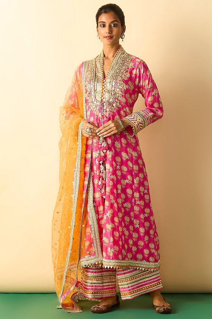 Pink Cotton Silk Embroidered Wedding Anarkali Set by GOPI VAID at Pernia's Pop Up Shop