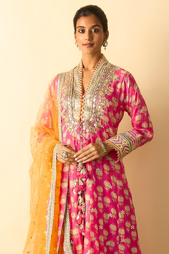 Pink Cotton Silk Embroidered Wedding Anarkali Set by GOPI VAID at Pernia's Pop Up Shop