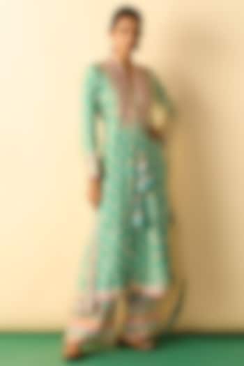 Aqua Cotton Silk Embroidered Wedding Anarkali Set by GOPI VAID at Pernia's Pop Up Shop