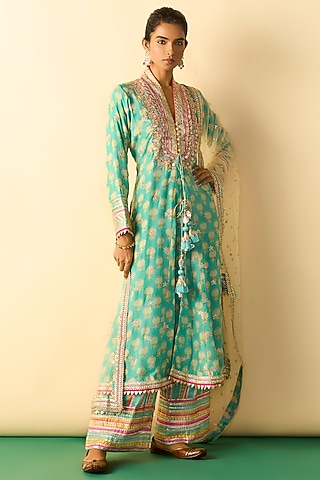 Aqua Cotton Silk Embroidered Anarkali Set by GOPI VAID
