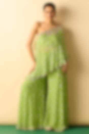 Lime Green Cotton Silk Embroidered One-Shoulder Tunic Set by GOPI VAID at Pernia's Pop Up Shop
