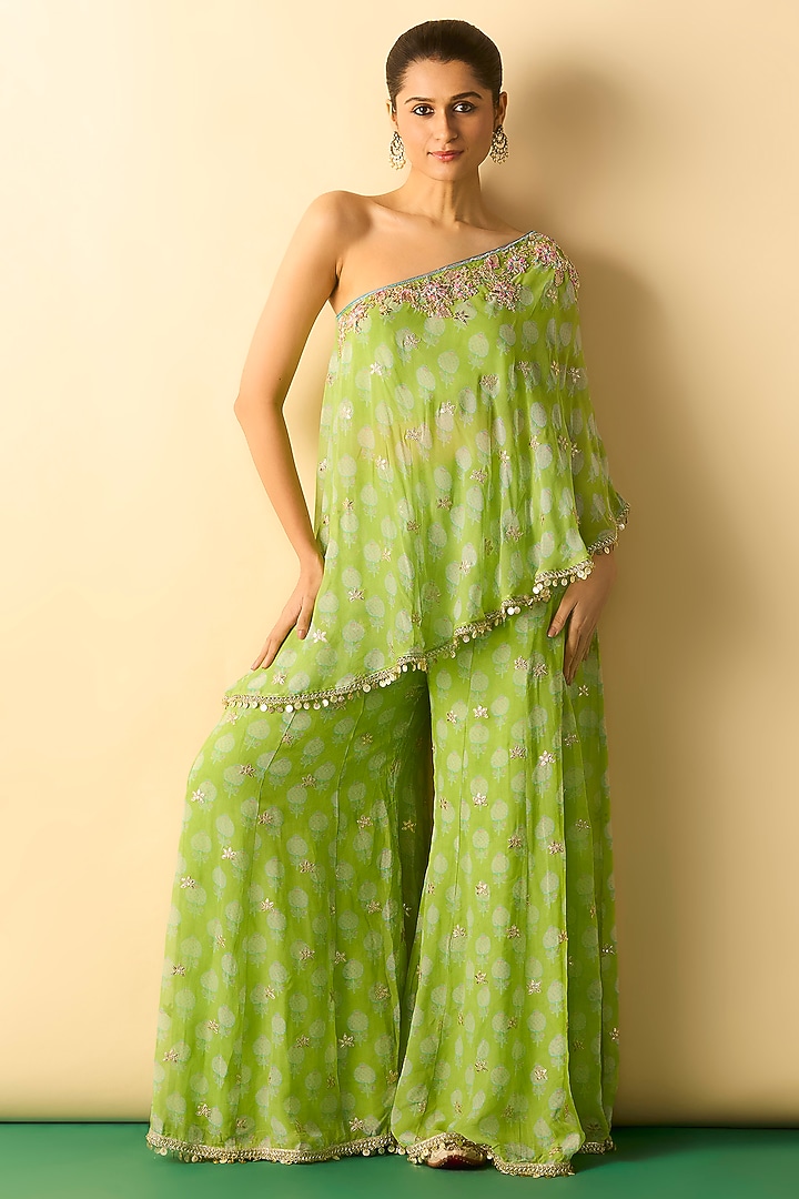 Lime Green Cotton Silk Embroidered One-Shoulder Tunic Set by GOPI VAID at Pernia's Pop Up Shop
