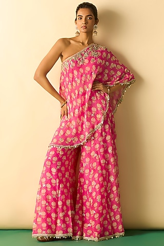 Pink Cotton Silk Embroidered One-Shoulder Tunic Set by GOPI VAID