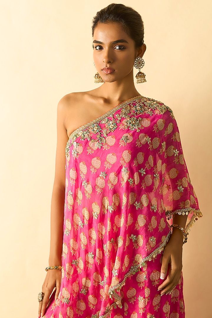 Pink Cotton Silk Embroidered One-Shoulder Tunic Set by GOPI VAID at Pernia's Pop Up Shop