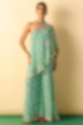Aqua Cotton Silk Embroidered One-Shoulder Tunic Set by GOPI VAID at Pernia's Pop Up Shop