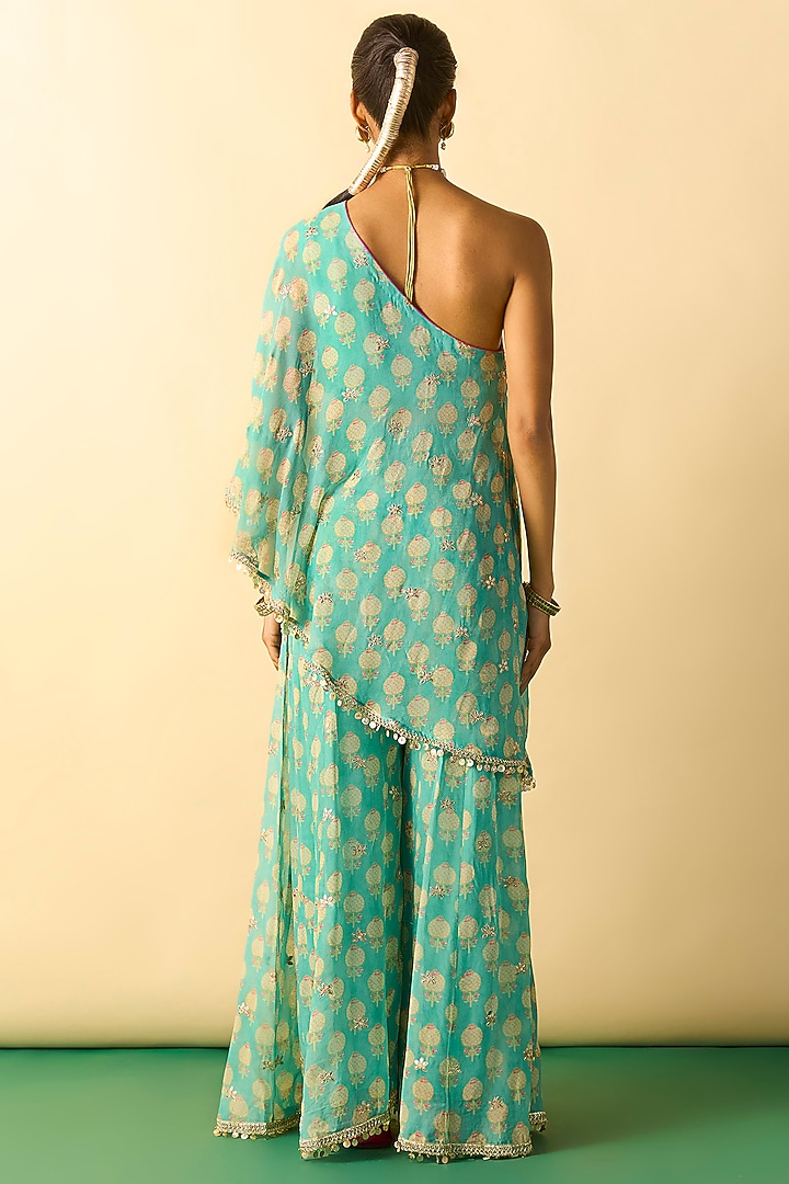 Aqua Cotton Silk Embroidered One-Shoulder Tunic Set by GOPI VAID at Pernia's Pop Up Shop