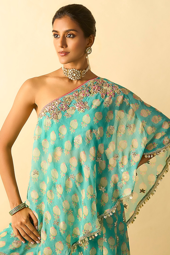 Aqua Cotton Silk Embroidered One-Shoulder Tunic Set by GOPI VAID at Pernia's Pop Up Shop