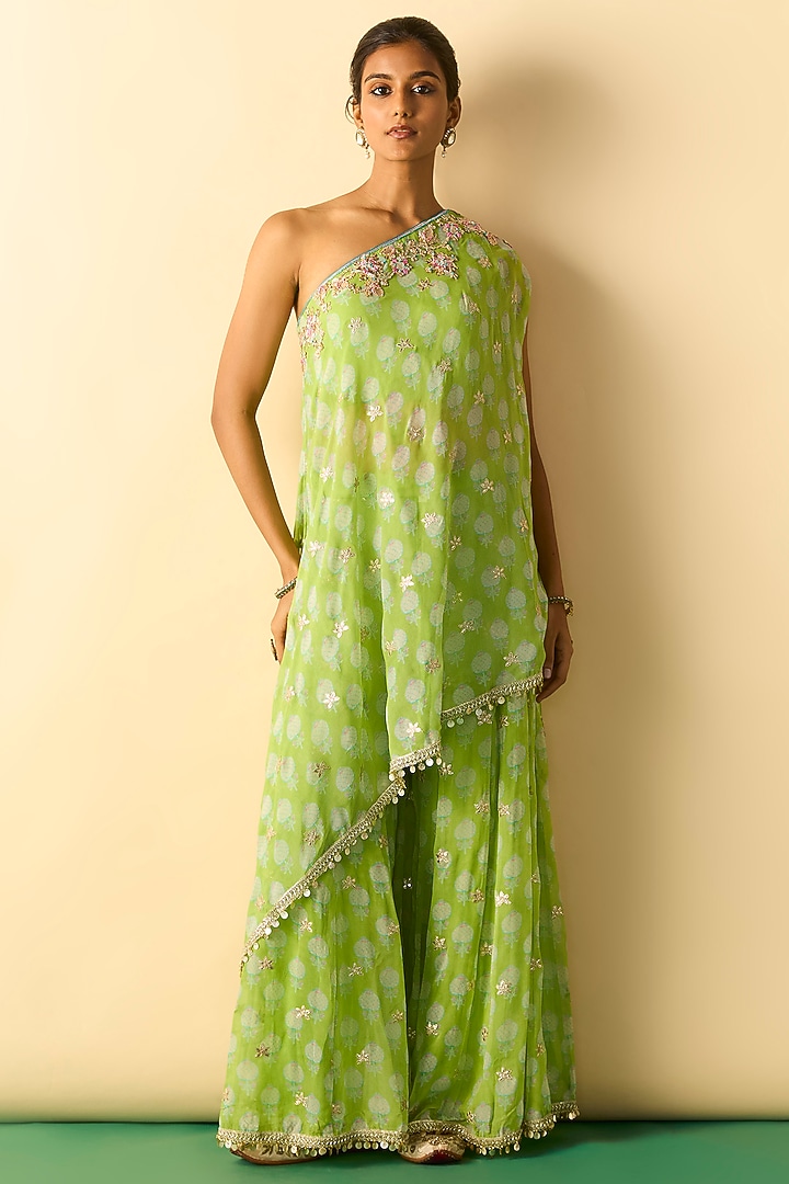 Lime Cotton Silk One-Shoulder Tunic Set by GOPI VAID at Pernia's Pop Up Shop