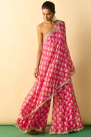 Pink Cotton Silk One-Shoulder Tunic Set by GOPI VAID