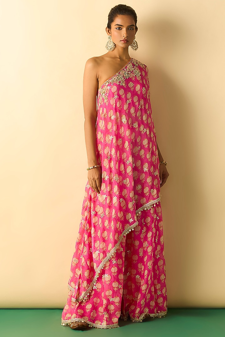 Pink Cotton Silk One-Shoulder Tunic Set by GOPI VAID at Pernia's Pop Up Shop