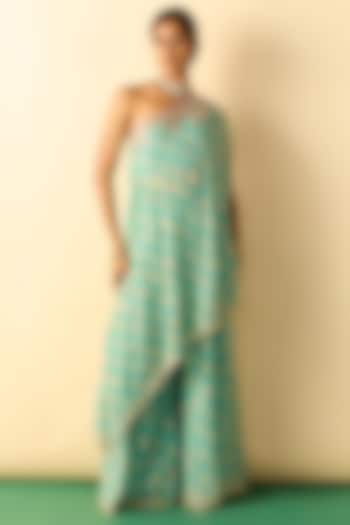 Aqua Cotton Silk One-Shoulder Tunic Set by GOPI VAID at Pernia's Pop Up Shop