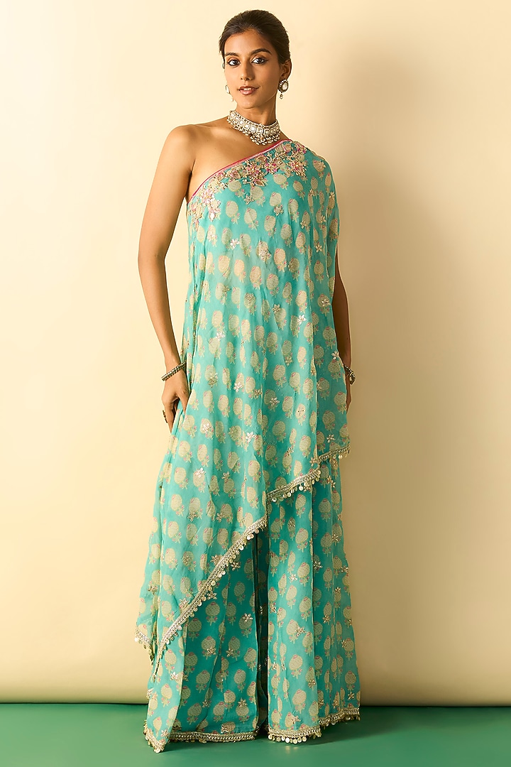 Aqua Cotton Silk One-Shoulder Tunic Set by GOPI VAID at Pernia's Pop Up Shop