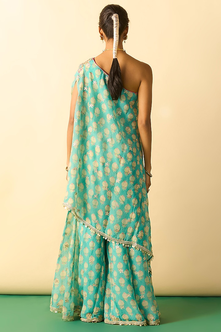 Aqua Cotton Silk One-Shoulder Tunic Set by GOPI VAID at Pernia's Pop Up Shop