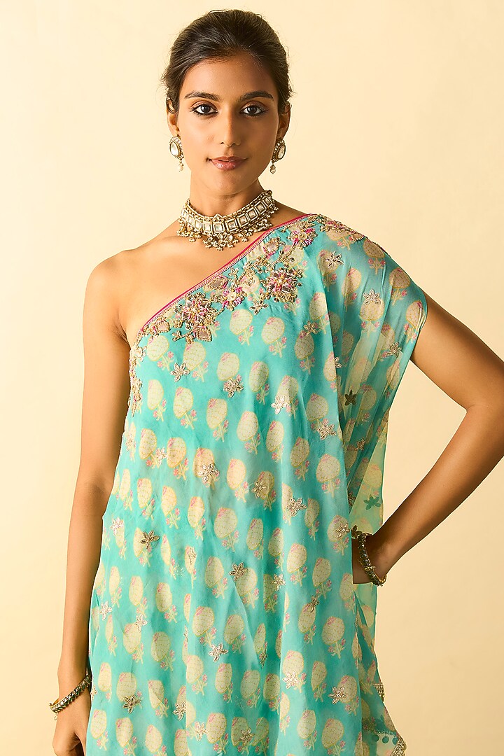 Aqua Cotton Silk One-Shoulder Tunic Set by GOPI VAID at Pernia's Pop Up Shop