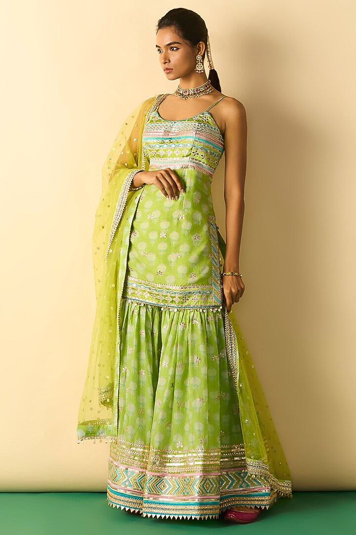 Lime Green Cotton Silk Printed Wedding Sharara Set by GOPI VAID at Pernia's Pop Up Shop
